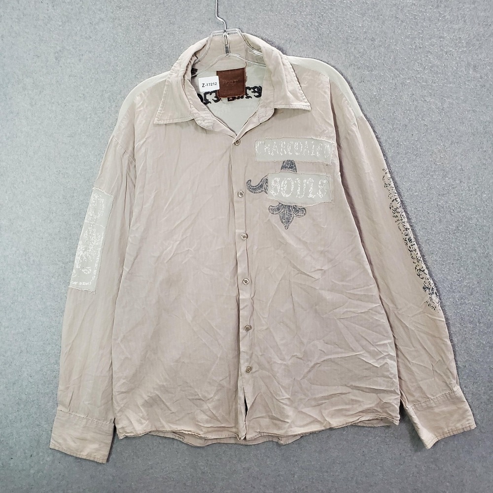 ROAR Men Button Up Shirt 2XL Beige Striped Redemption Angel Wing Western